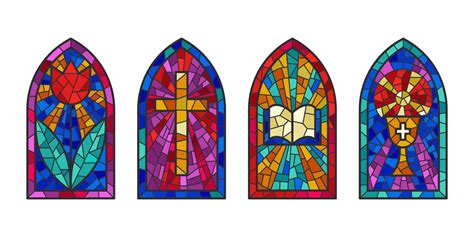 Church glass windows. Stained mosaic catholic frames with cross, book ...