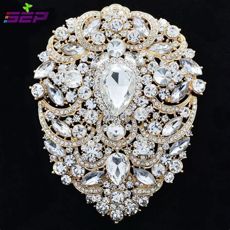 Large Brooch Pins Bridal Wedding Jewelry 4.9 inches Rhinestone Crystal ...