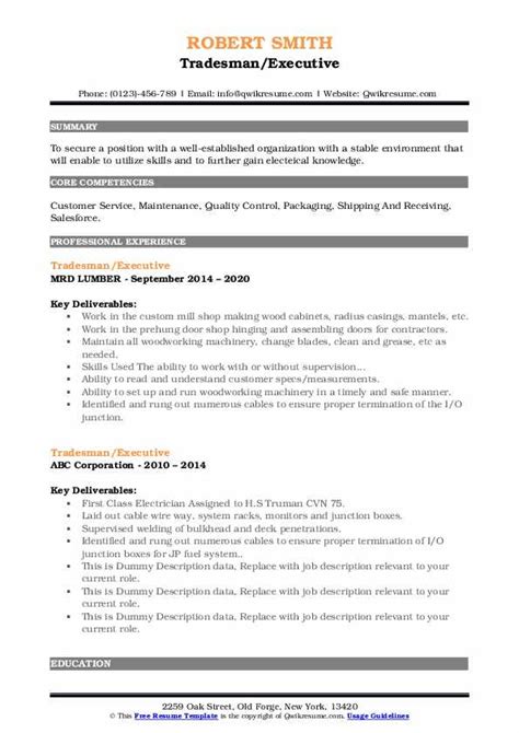 Tradesman Resume Samples | QwikResume