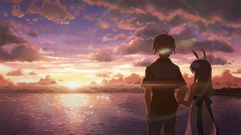 Anime sunset, beach, beach sunset, boy, couple, girl, purple, HD ...