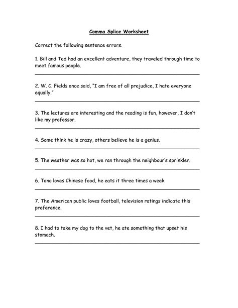 Comma Splice Worksheet - Wilson