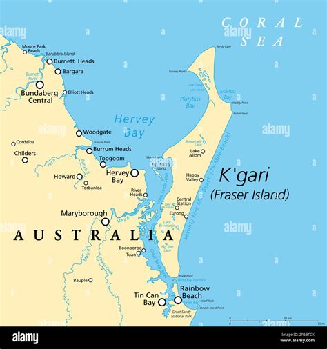 Kgari, formerly Fraser Island, political map. Worlds largest sand ...