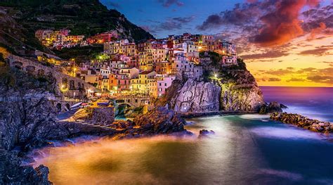 Sunset over Cinque Terre, Manarola, tuscany, italy, sky, clouds, lights ...