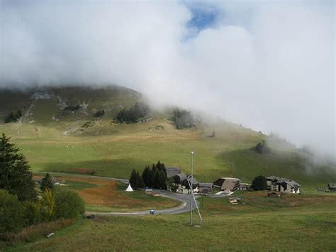 Morning fog, grass, houses, trees, sky, clouds, fog, green, mountains ...