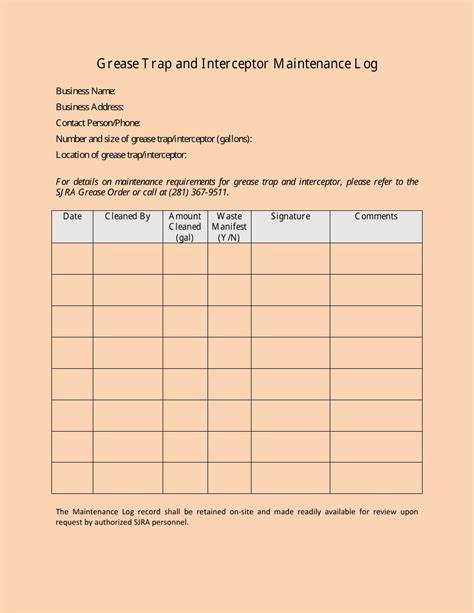 Grease Trap Maintenance Log Sheet