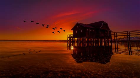 3840x2160 Lake House On Pier Birds Flying Sunset Scenery 4K ,HD 4k ...