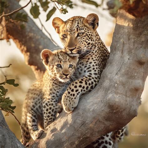 Premium Photo | A leopard cub playing with its mother in the branches ...