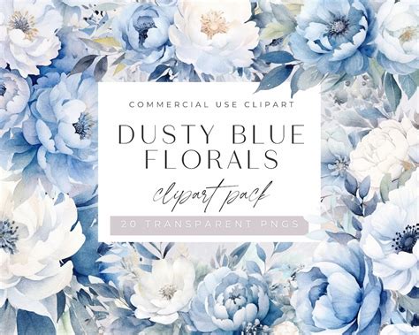 Dusty Blue Floral Clipart, Light Blue Flower Bouquet, Watercolor Clip ...