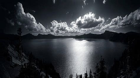 Download Beautiful Dark Grayscale Lake With Mountains Wallpaper ...