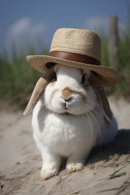 Premium AI Image | A rabbit wearing a hat on the beach