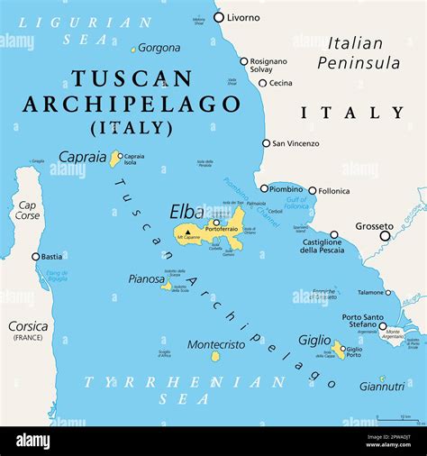 Tuscan Archipelago, Italy, political map. Chain of islands between ...