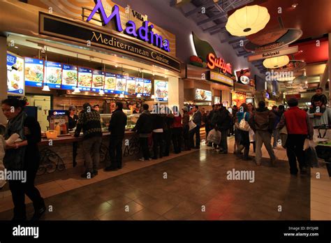 People lining in food court area in Vaughan Mills Mall, Ontario, Canada ...