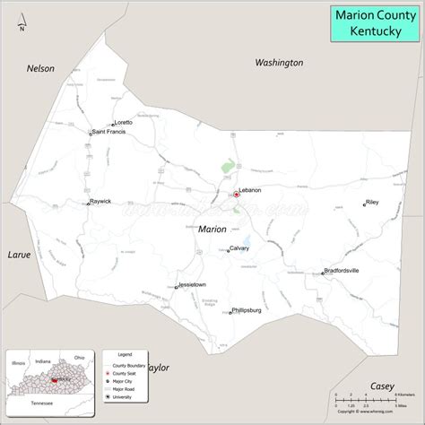 Map of Marion County, Kentucky showing cities, highways & important ...