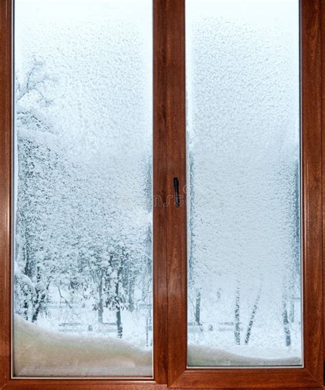 Wooden Window in the Snow, View of Snowy Trees Stock Photo - Image of ...