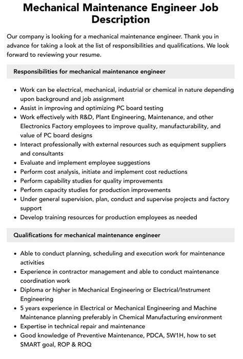 Mechanical Maintenance Engineer Job Description | Velvet Jobs