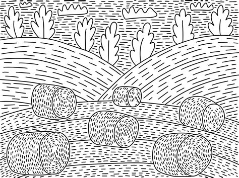 Haymaking field coloring page vector illustration. Hand drawn hay field ...