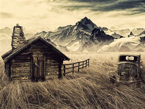 HD wallpaper: cabin mountain old car fence filter sepia, scenics ...