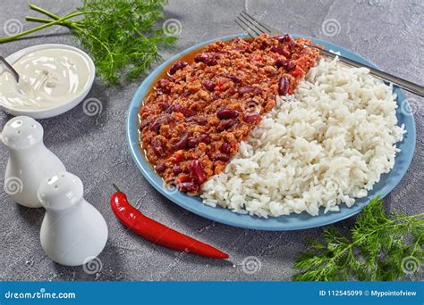 Chili Con Carne with White Rice Stock Image - Image of bowl, concrete ...