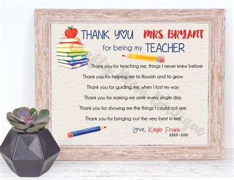 Custom Teacher Appreciation Printable: Thank You Teacher Poem | Etsy ...