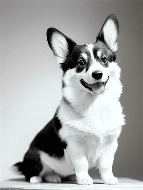 Happy Pembroke Welsh Corgi Dog Black and White Monochrome Photo in ...