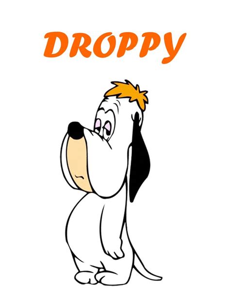 a cartoon dog with the words droppy on it's back and an orange nose