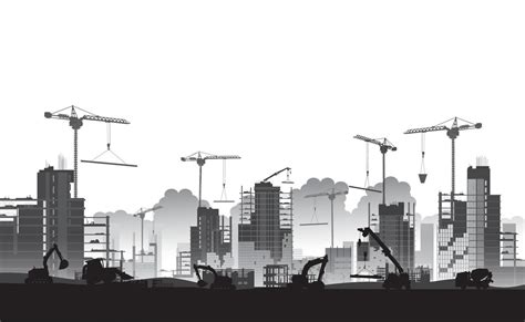 Silhouette Building Construction Site with Cranes and Skyscraper