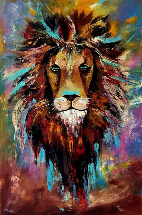 Lion painting Lion Art Wildlife Painting Multicolored Painting by Margo ...