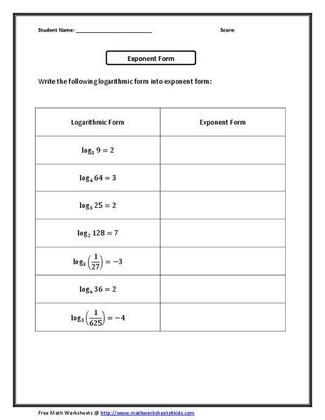 Convert: Logarithm Form to Exponent Form Worksheet for 9th - 12th Grade ...