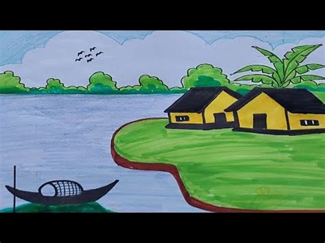 Village Scenery Drawing || Landscape Drawing Tutorials - YouTube