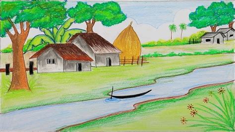 How to draw a village landscape step by step with oil pastel | Drawing ...