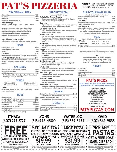 Pat's Pizzeria menu in Waterloo, New York, USA