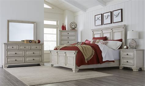 Renova Distressed Parchment Wood Bedroom Set, Queen Panel Bed, Dresser ...