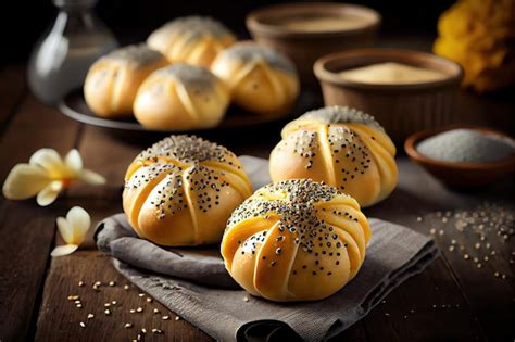 Premium AI Image | Golden delicious poppy seed buns with white glaze