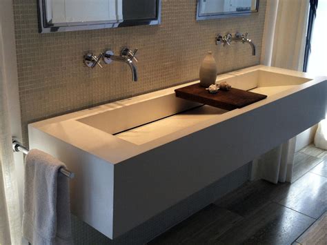 Sophisticated White Commercial Trough Sink With Wooden Soap Dish As ...