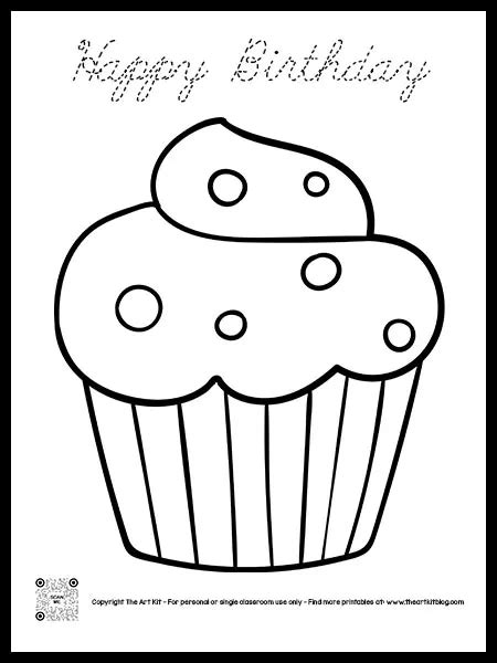 Happy Birthday Cupcake Coloring Page, Cursive Font - The Art Kit