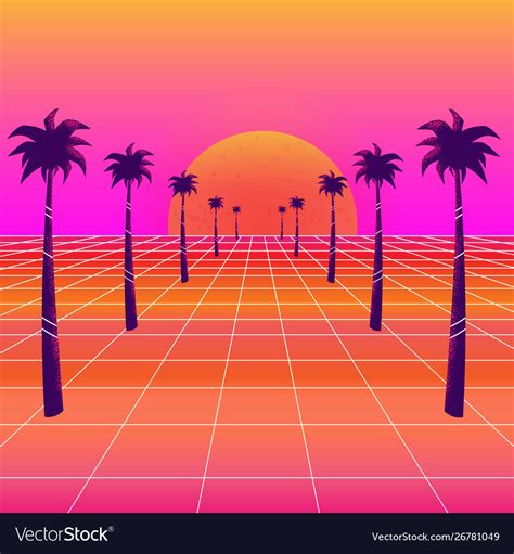 Synthwave sun and palm trees Royalty Free Vector Image