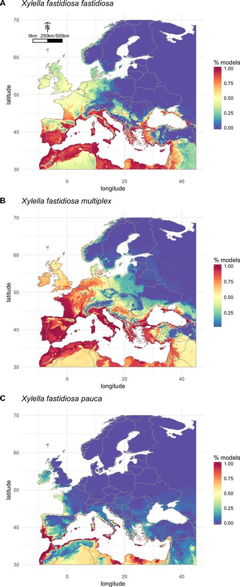 Potential distribution of three subspecies of Xylella fastidiosa: (A ...