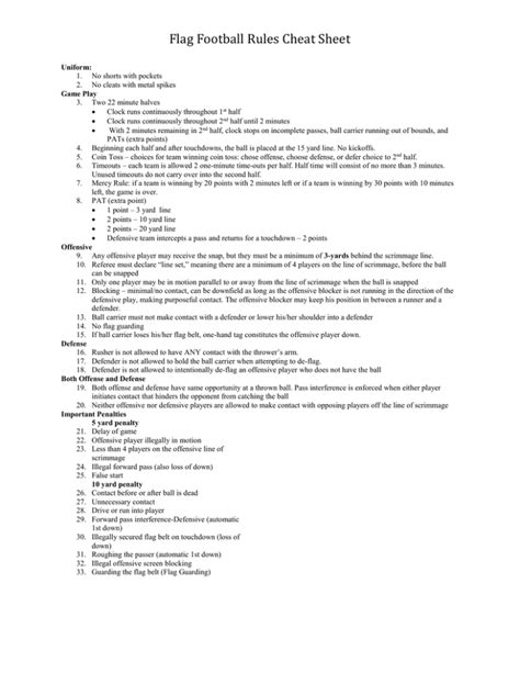 Flag Football Rules Cheat Sheet