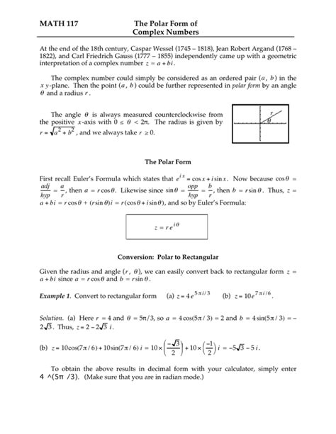 MATH 117 The Polar Form of Complex Numbers