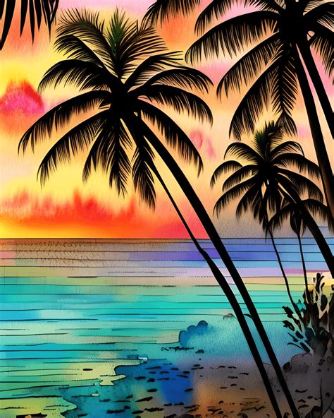 Hawaii Beach Sunset Watercolor Graphic · Creative Fabrica