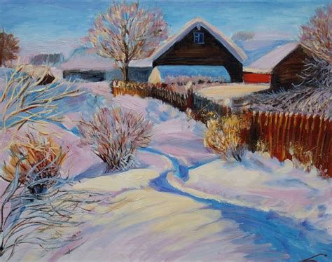 Winter village Painting by Elena Sokolova | Saatchi Art