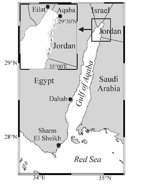 Map of the Gulf of Aqaba with study sites at the Jordanian coast ...