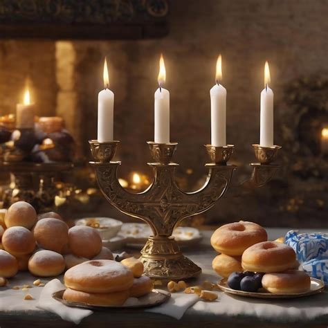 Premium AI Image | Menorah and sufganiyah near gelt and dreidels