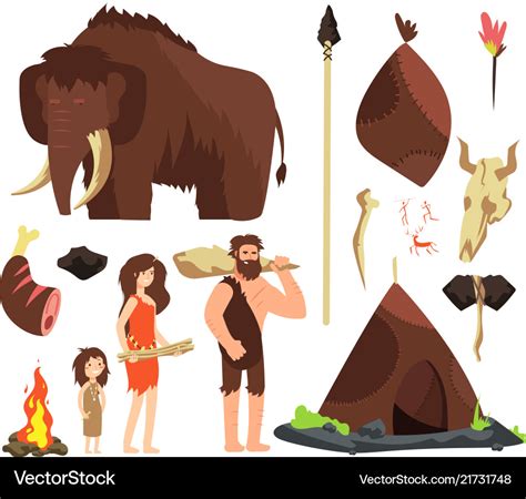 Caveman cartoon neolithic people characters Vector Image