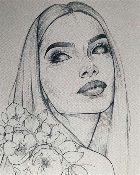 Pencil Drawing of a Woman with Flowers