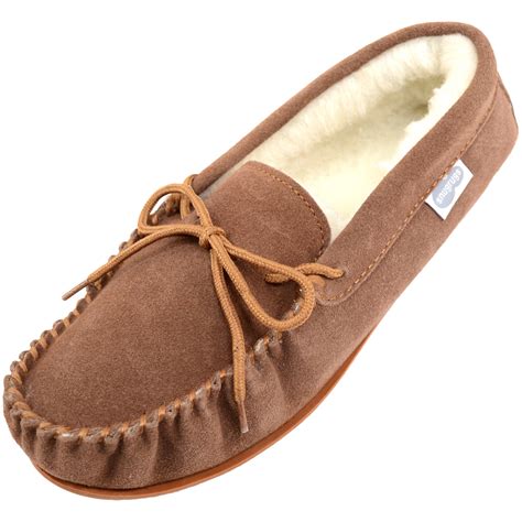 Suede Moccasin Slipper - Thick Wool Lining - Rubber Sole - Snugrugs