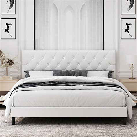 Homfa King Bed Frame, White Faux Leather Upholstered Button Tufted Low ...