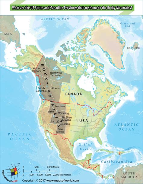 Map of US States and Canadian Provinces with Rocky Mountains