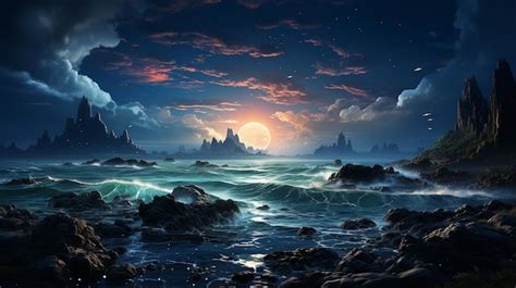 Premium AI Image | Night ocean landscape full moon and stars shine