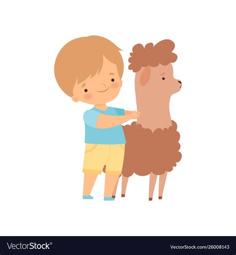 Cute boy hugging llama kid interacting Royalty Free Vector